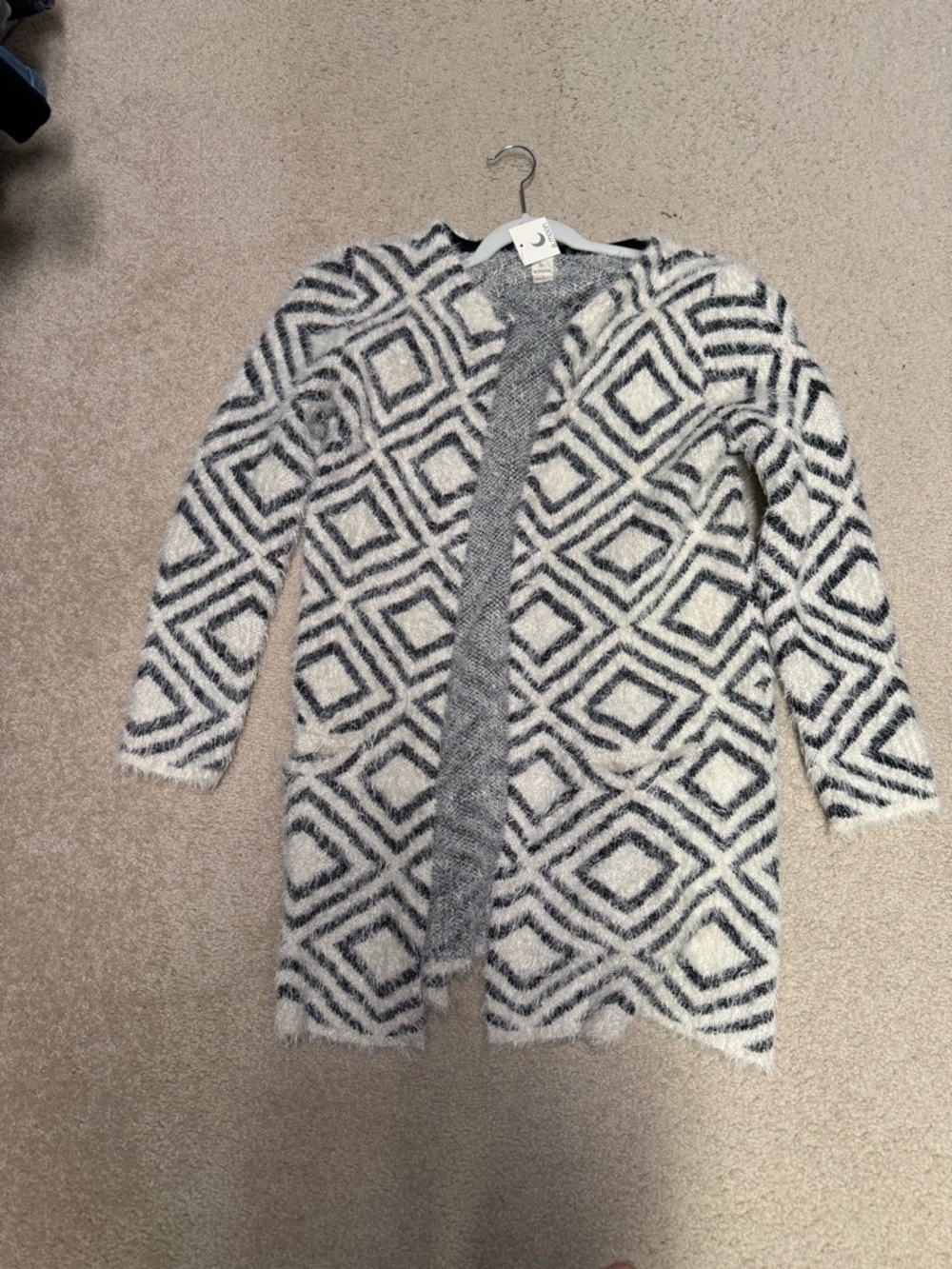 Cozy Geometric Open-Front Women's Sweater Cardigan - Cream & Gray
